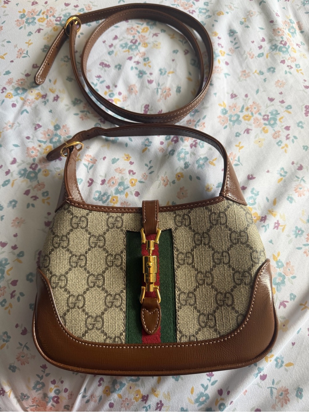 Gucci Beige GG Canvas Shoulder Bag with Brown Leather and Green-Red Web - Picture 1 of 9